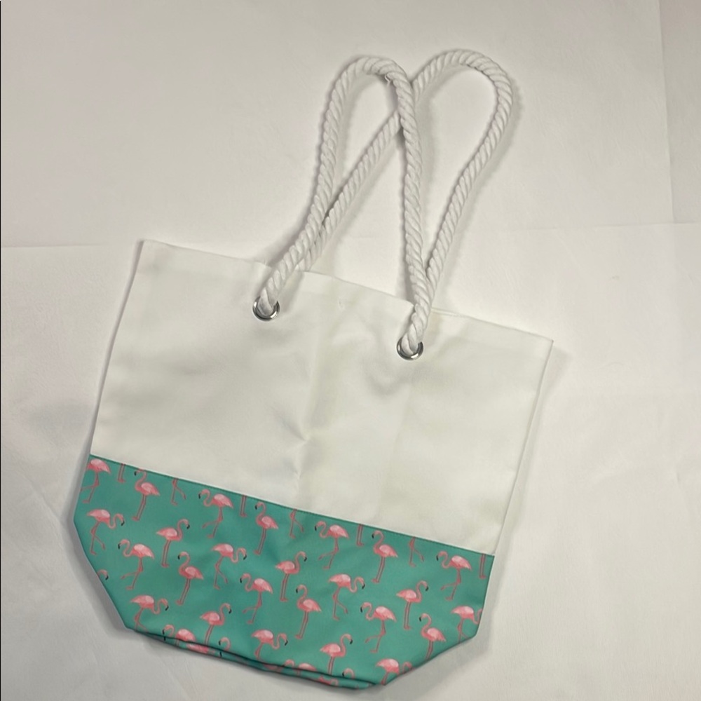 Flamingo Print Tote Bag - White, Teal Green & Pink
